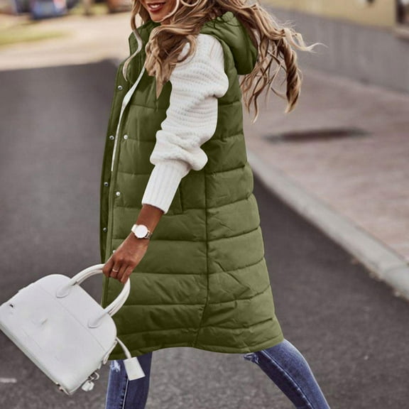 Karight Womens Puffer Vests Lightweight Long Sleeveless Quilted Puffer Jacket Long Puffy Vest With Hood Winter Warm Coats
