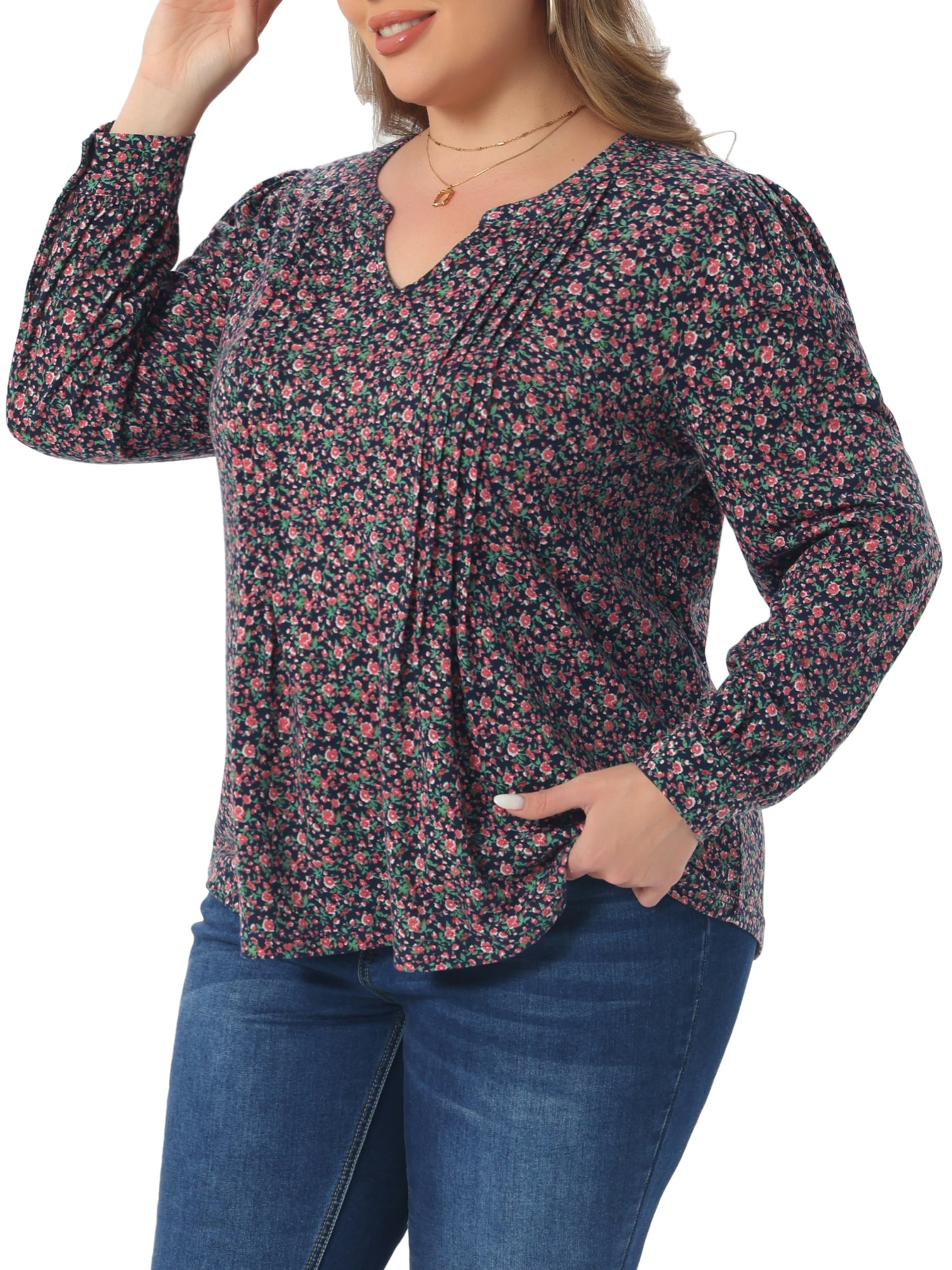 DARING DIVA Women's Plus Pleated Notch V Neck Floral Tunic Blouse 3X Pink Blue