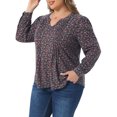 thumbnail image 2 of DARING DIVA Women's Plus Pleated Notch V Neck Floral Tunic Blouse 3X Pink Blue, 2 of 6