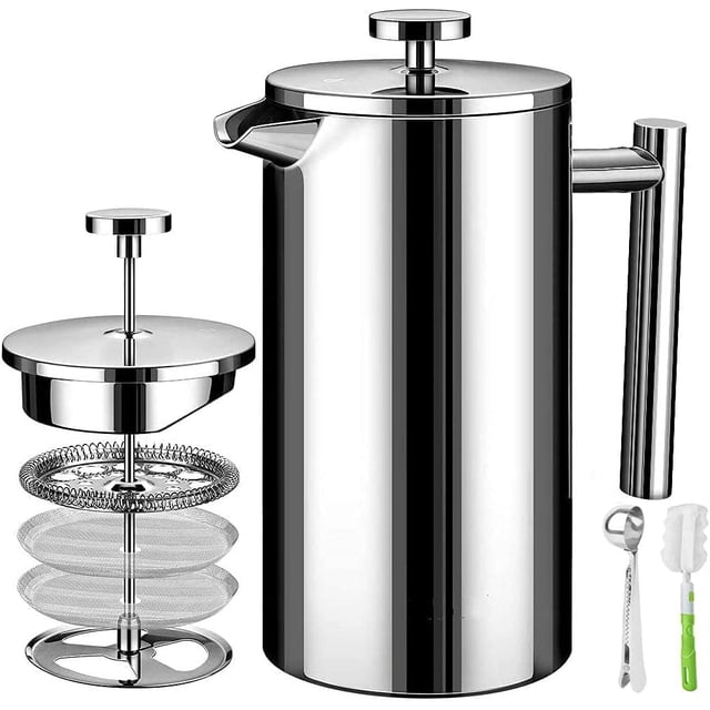 Cafetera Prensa Francesa de Acero Inoxidable de Doble Pared, 750ml Cafetera y Tetera Cafetera de Émbolo con 2 Filtros, 1 Cucharas y 1 Cepillo de Esponja para Hacer Café y T&e