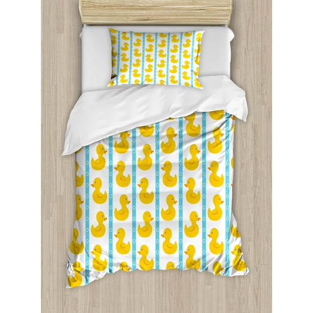 Rubber Duck Duvet Cover Set Yellow Duckies With Blue Stripes And Small Circles Baby Nursery Play Toys Pattern Decorative Bedding Set With Pillow Shams White By Ambesonne Walmart Com Walmart Com