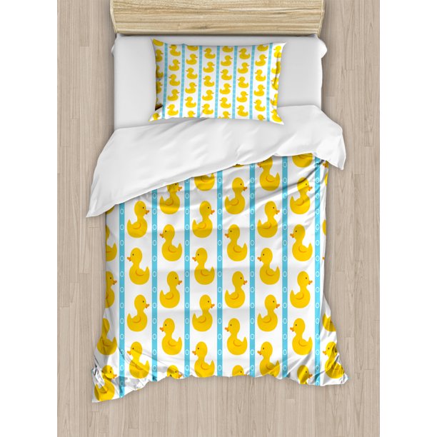 Rubber Duck Twin Size Duvet Cover Set Yellow Duckies With Blue Stripes And Small Circles Baby Rubber Duck Twin Size Duvet Cover Set, Rubber Duck Baby Bedding