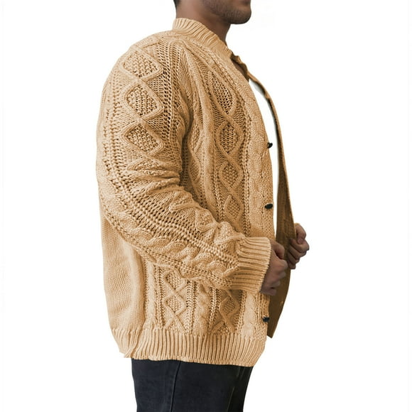 Fartey Men's Stand Collar Cardigan Knitwear Thermal Twisted Knot Open Front Sweaters Cable Knitted Button Down Cardigans Sweater Loose Cozy Long Sleeves Solid Sweaters