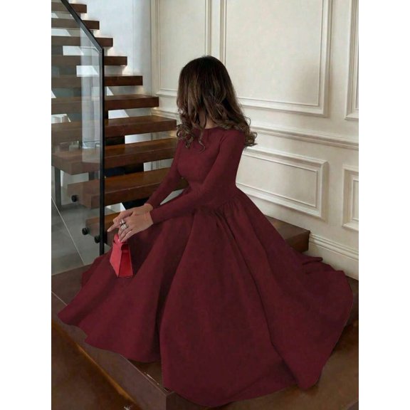 Burgundy Long Sleeve A-Line Ball Gown Dress For Women Evening Party Maxi