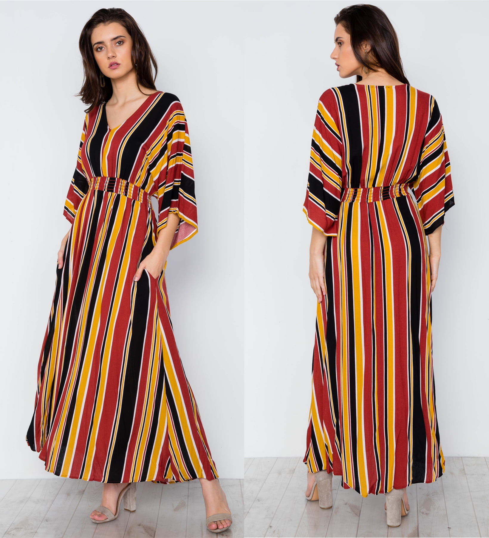 Casual High Waist  Side  Slit  High Waist  stripe Pattern  Maxi Dress V Neck
