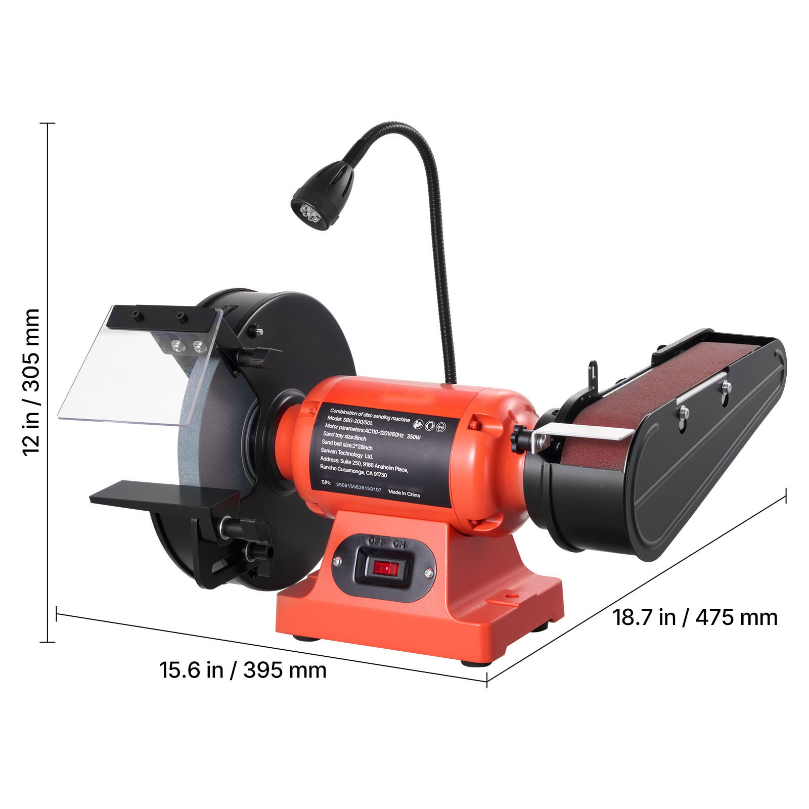 KFFKFF 8-Inch Bench Grinder and 2-Inch x 28-Inch Belt Sander Combo, 350W Grinding and Sanding Machine with LED Work Light and Eye Shield for Metal and Wood Projects, Knife Sharpening