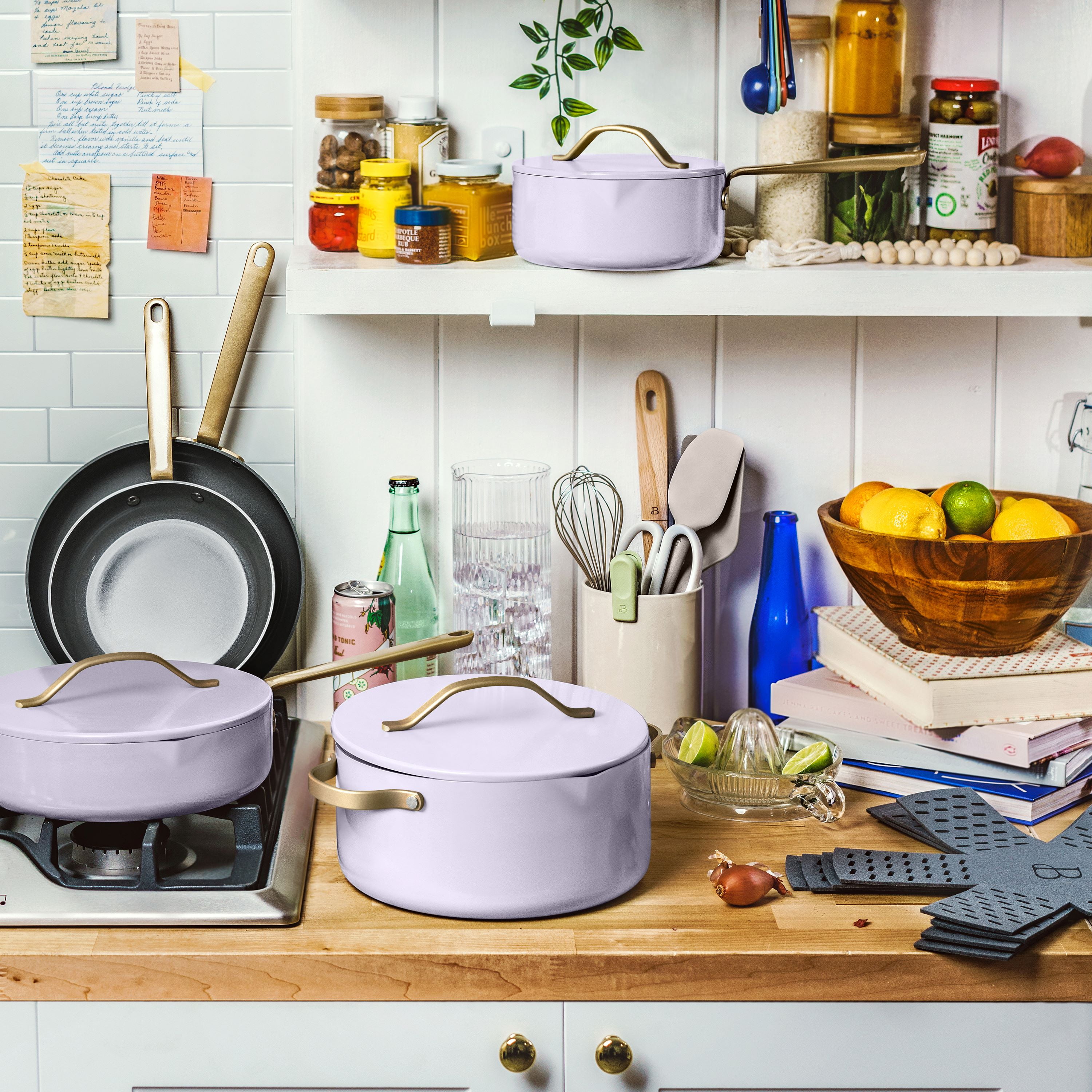 Beautiful 12-Piece Ceramic Nonstick Cookware Set, Pots and Pans with Strainer Lids, Lavender by Drew Barrymore