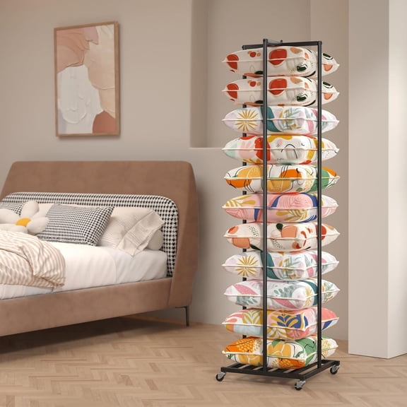 Qunbio Rolling Pillow Storage Rack, 78.7" Height-Adjustable Metal Pillow Display Stand with Wheels for Retail, Store, Home, Hotel