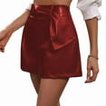 thumbnail image 3 of Leather Skirts for Women High Waisted PU Leather Shorts Elastic Waist Ruched Wrap Skirt Wine Red S, 3 of 8