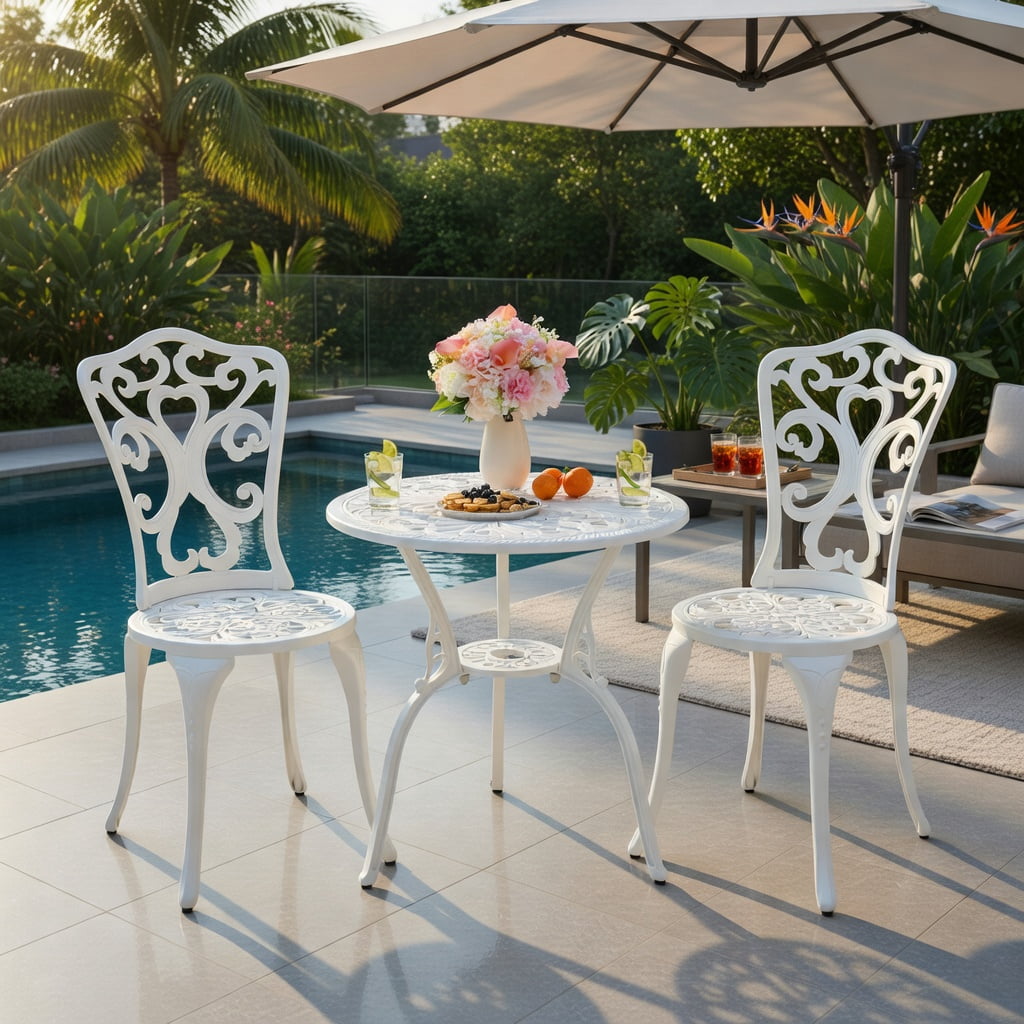 Hommoo 3-Piece Cast Aluminum All-Weather Bistro Set, Patio Table & 2 Chairs with 2-Inch Umbrella Hole, Rust-Resistant Outdoor Furniture for Garden, Poolside & Balcony, White