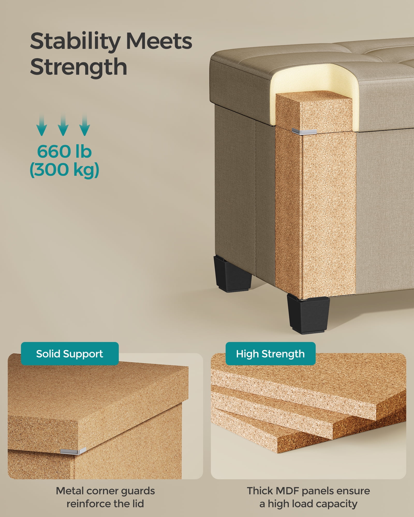 SONGMICS 43" Storage Ottoman Bench Foldable Ottoman with Storage Ottoman for Bedroom Living Room Camel Brown