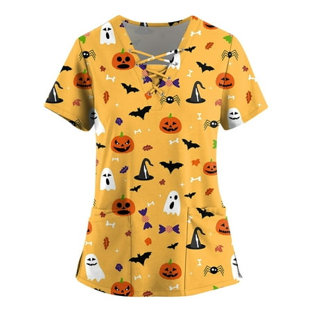 

Knosfe Nursing Scrubs for Women V Neck Workwear Short Sleeve Pumpkin Ghost Bat Womens Scrub Tops Plus Size Medical Womens Going Out Tops with Two Pockets Yellow S