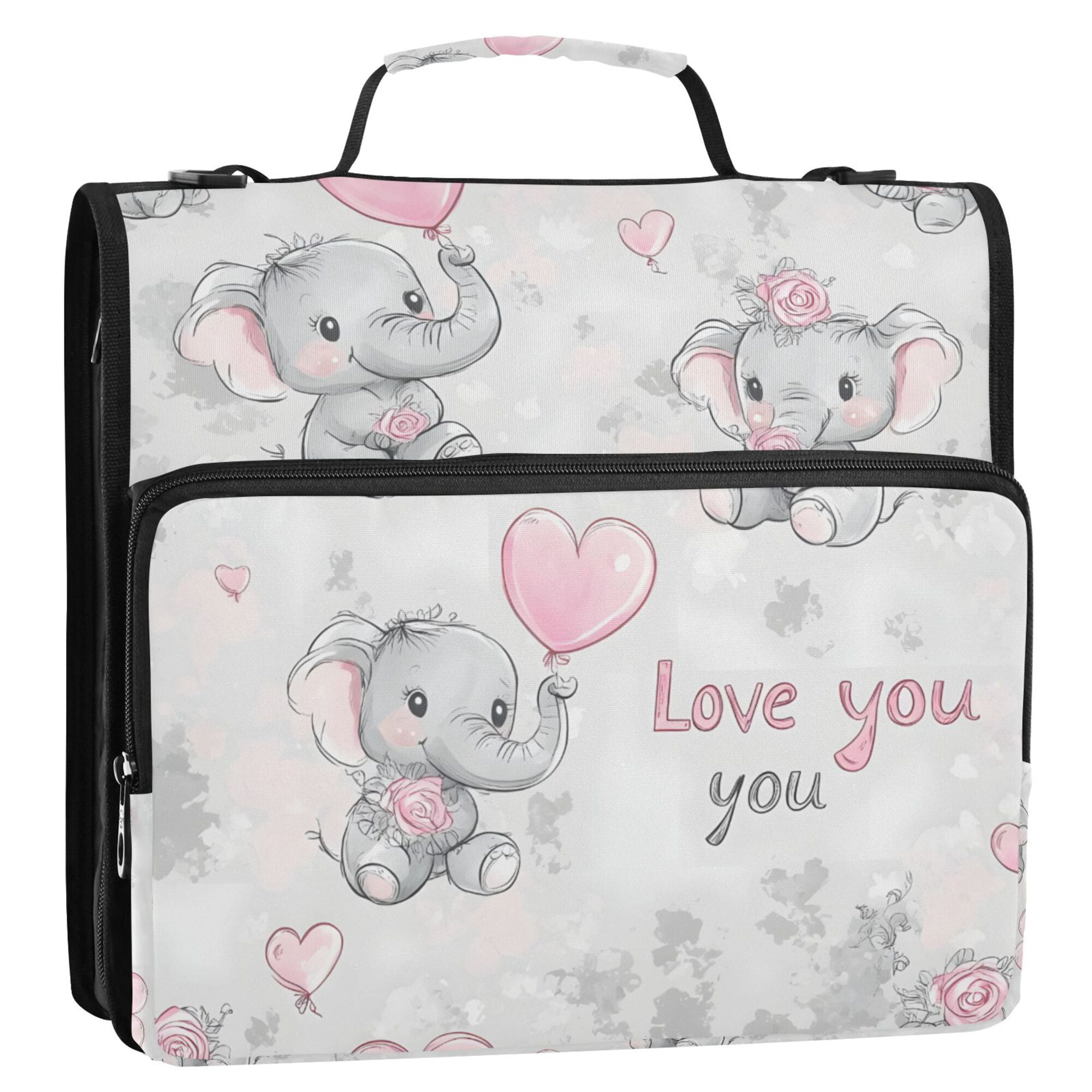 FORMRS Zipper Binder with Shoulder Strap 2-inch Ring 500 Sheet Capacity File Bag, Cartoon Elephant