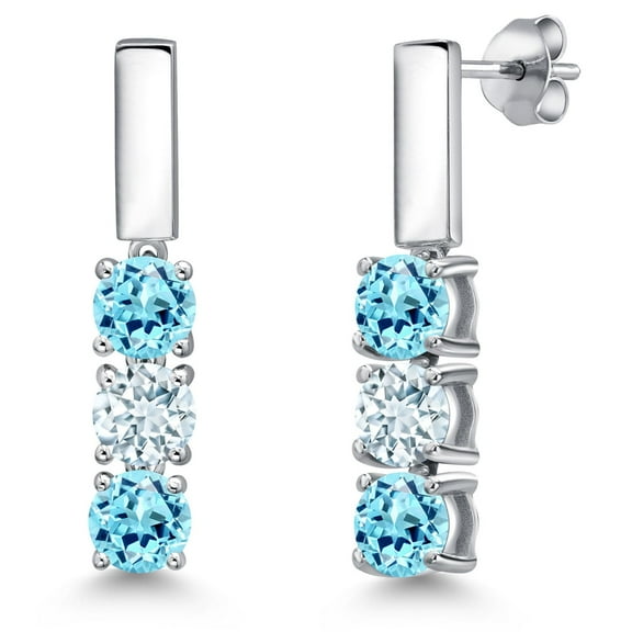 Gem Stone King 925 Sterling Silver Blue Apatite and Sky Blue Aquamarine Drop Dangle Earrings for Women | 1.49 Cttw | Gemstone Birthstone | Round 5MM