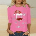 thumbnail image 2 of DeHolifer Women T-Shirts Red Wine Glass 3/4 Sleeve Christmas Pullover Xmas Santa Hat Graphic Blouse T-Shirts Tops Pink 2XL, 2 of 4