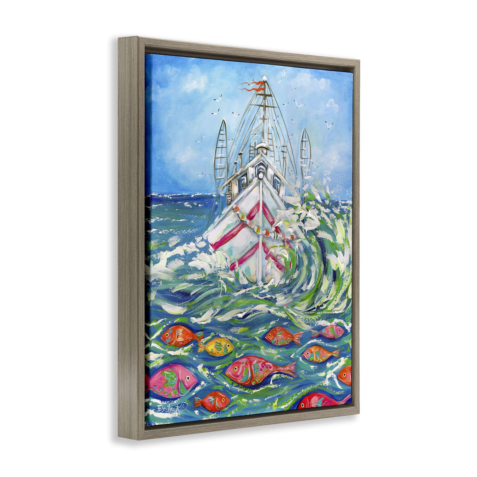 Stupell Industries Boat Net Splashing Transportation Painting Brown Floater Framed Canvas Art Print Wall Art, 25 x 31