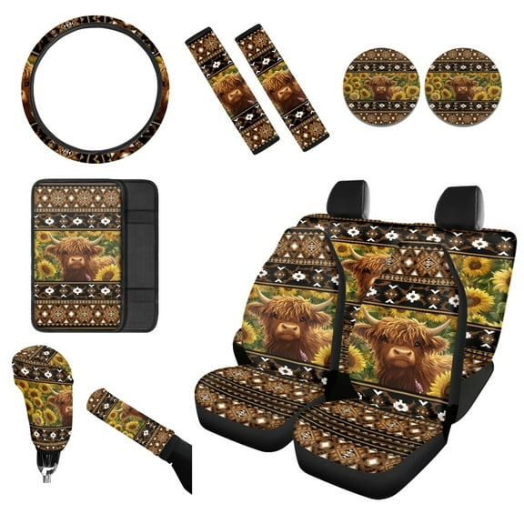 Renewold American Tribal Highland Cow Sunflower Brown Car Seat Cover Set 12 PCS, with Steering Wheel Cover Seat Belt Armrest Handbrake Gear Shift Knob Cover Set Coasters Auto Accessories