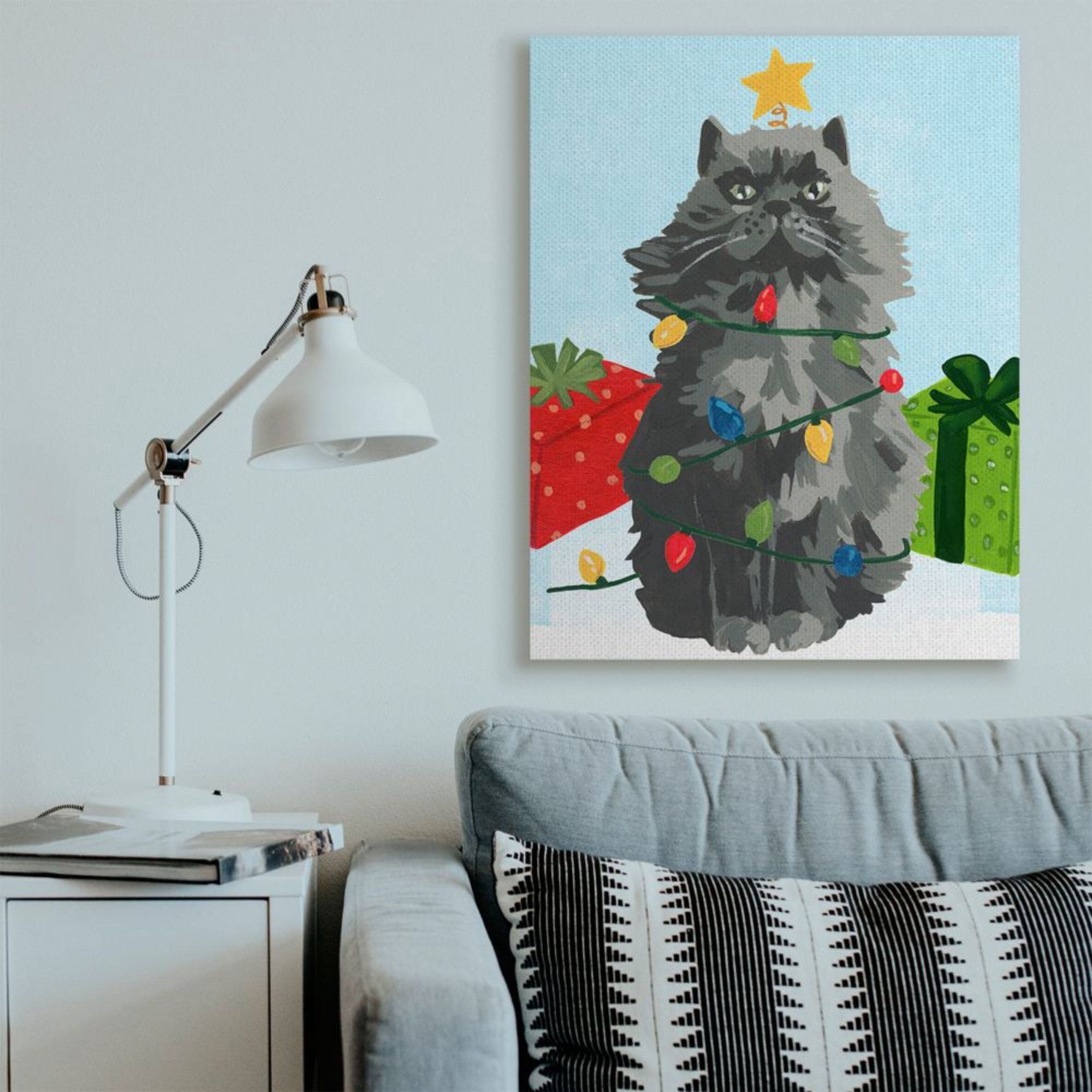 Stupell Indtries Black Cat Festive Holiday Lights Christmas Pet Design by June Erica Vess, 36" x 48"