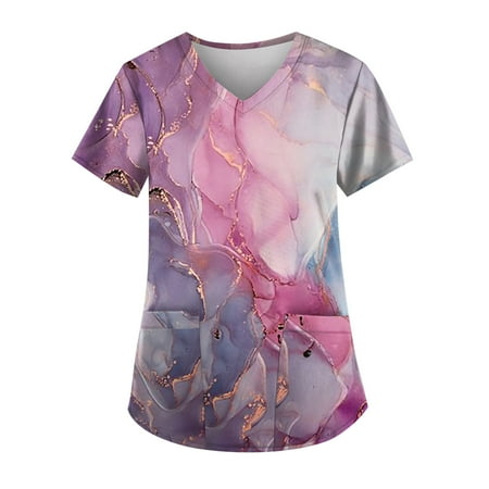 

Strungten Plus Size Printed Scrub Working Uniform Tops For Women V-Neck Short Sleeve T-Shirts Workwear Tee With Pockets womens tops