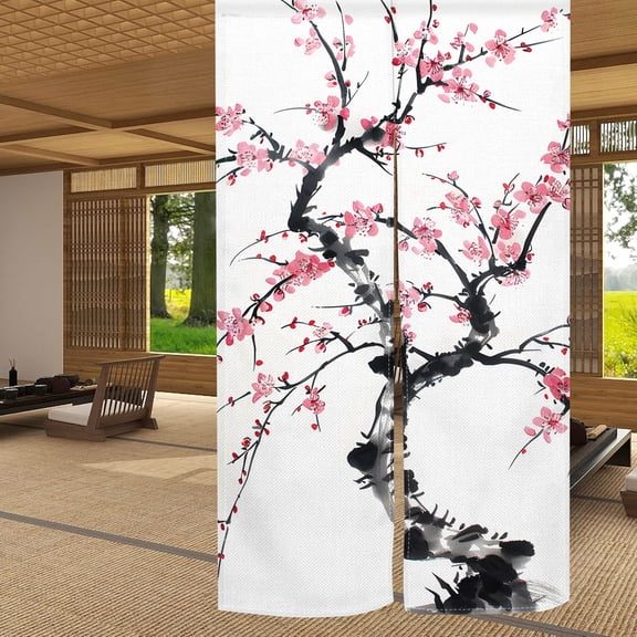 Japanese Noren Doorway Curtain Tapestry,Cherry Blossoms Ink Painting Door Curtain Room Divider,33.5 x 59 inch