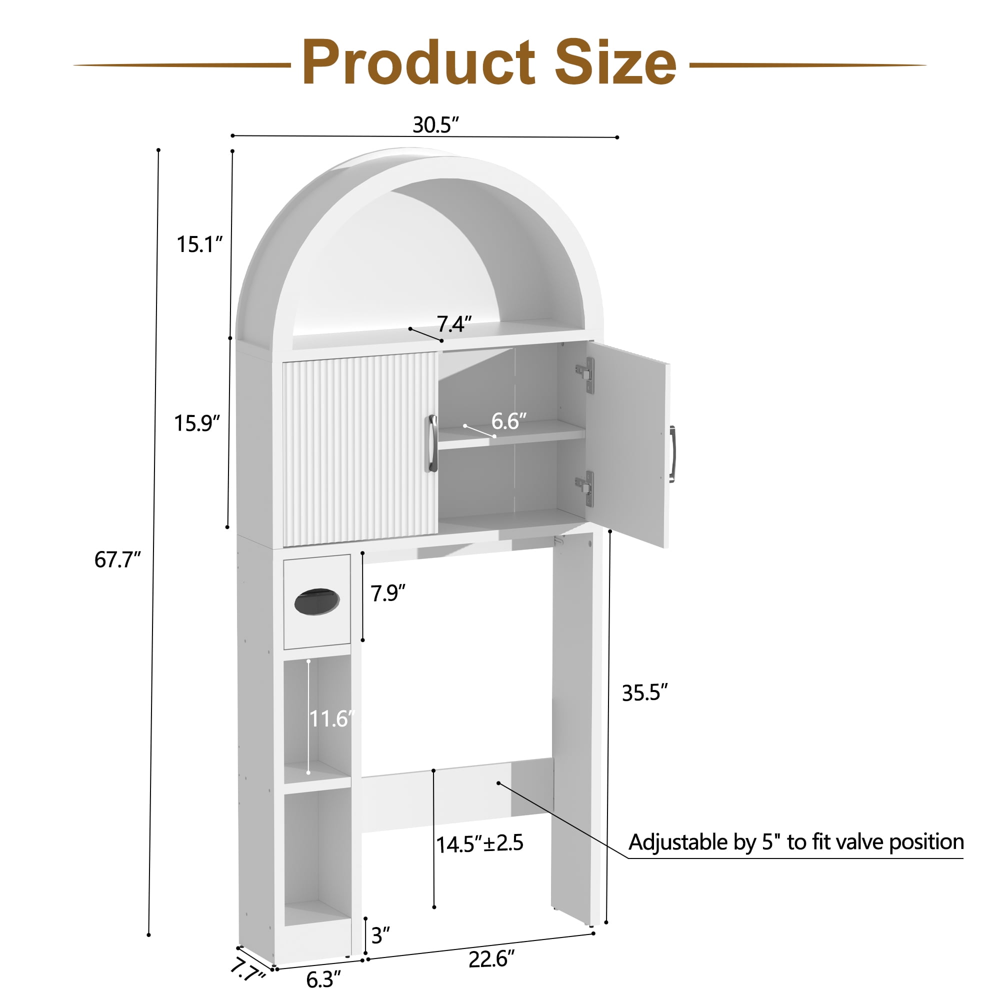 HARIPUL Over The Toilet Storage Cabinet w/ Unique Wood Grain & Arc Design, Freestanding Bathroom Shelf Organizer Space Saver w/ Doors & Anti-Tip Device, White
