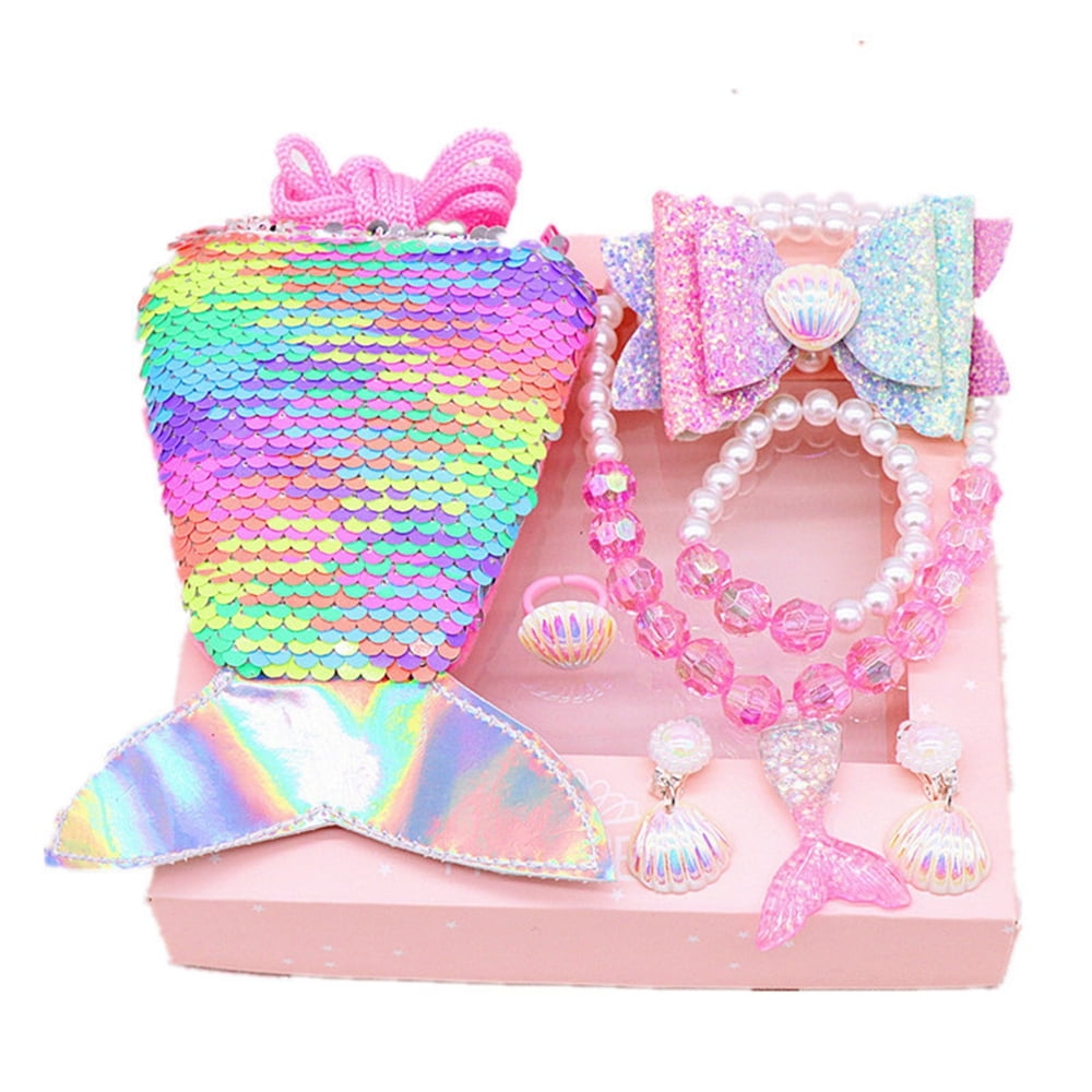 7Pcs Mermaid Girls Jewellry Set Kids Jewellery Toy Kit, Sequin Mermaid Handbag Bracelet Ring Earrings Hair Clips Set, Jewelry Dress Up Party Favors Gift for Girls Kids Toddler Princess