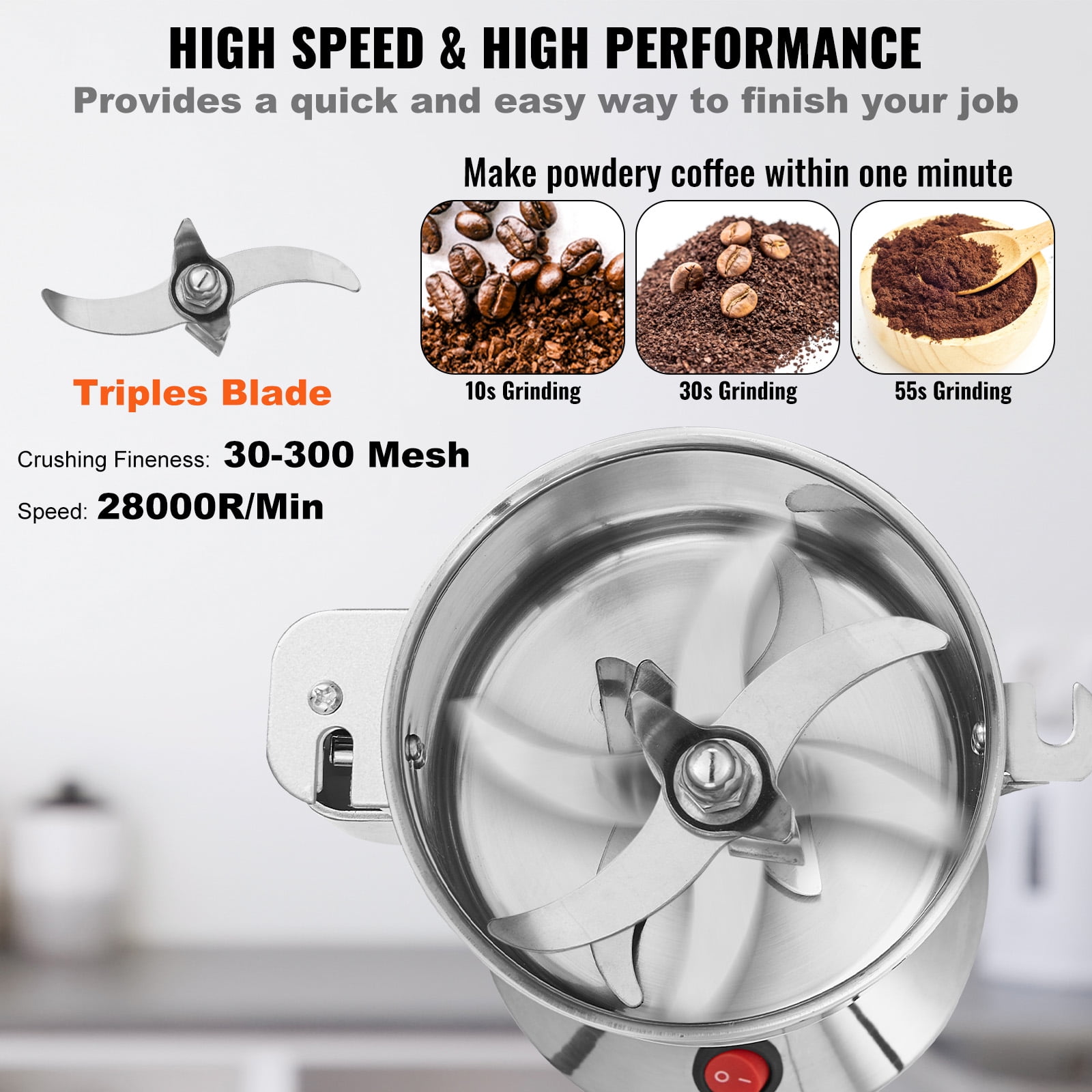 KFFKFF 750g Electric Grain Mill Grinder, 2000W High-Speed Stainless Steel Powder Machine for Dry Grains, Spices, Cereals, Coffee, and Pepper