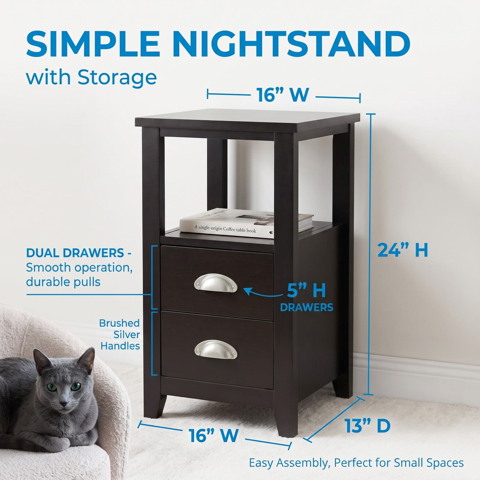 Furnibear Narrow Nightstand with 2 Drawers and Open Shelf Wooden Bedside End Table for Bedroom and Living Room, Dark Brown