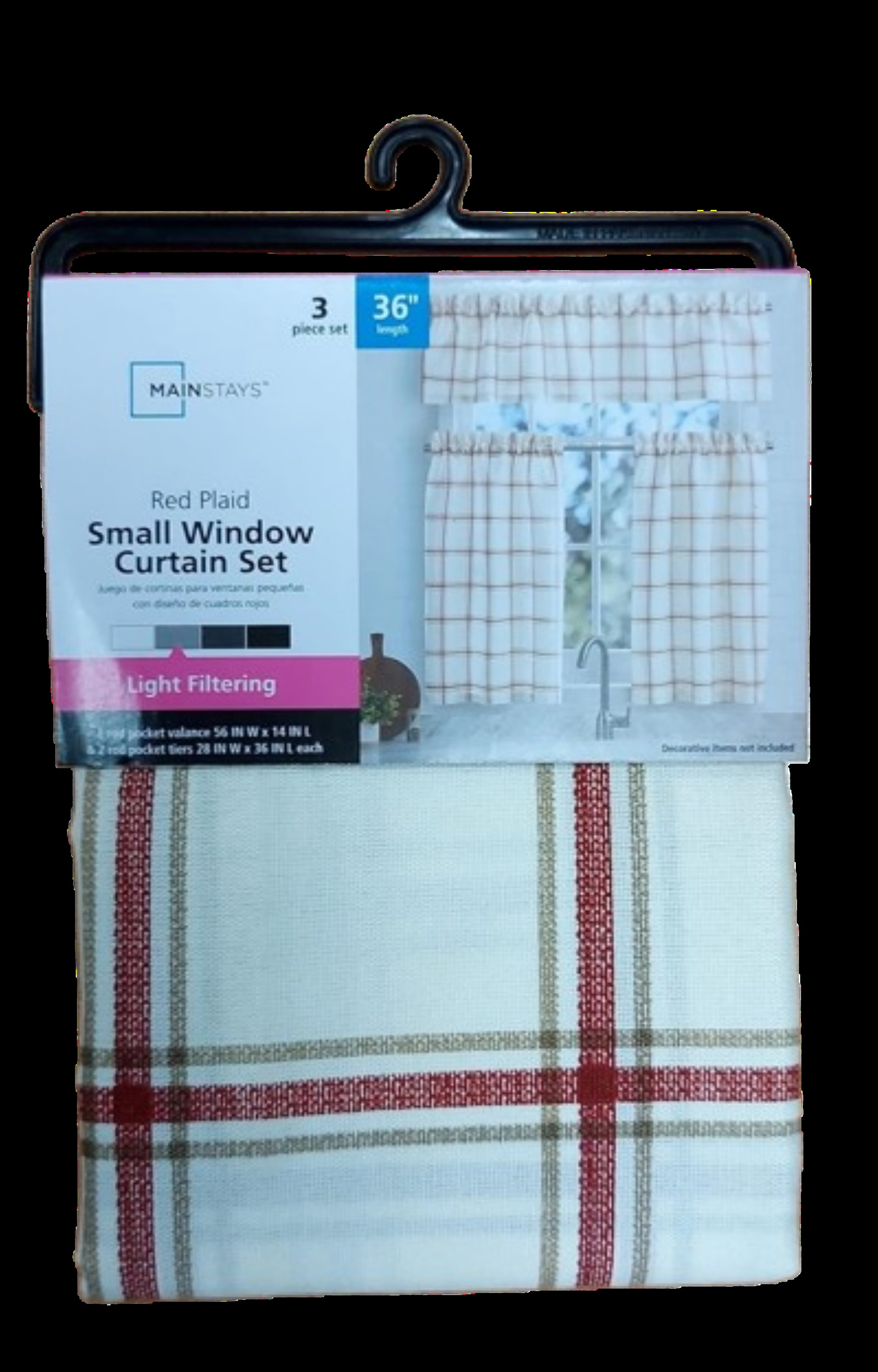 Mainstays 3 Pieces Printed Tier Sets Red Plaid, Recycled Polyester, BCI Cotton, 56"W x 14"L, Indoor Curtain, Indoor Curtain, Adult