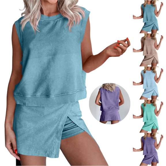 LEWKW Workout Sets for Women 2 Piece Activewear Sleeveless Top & Slit Skort Skirts Tennis Golf Gym Running Athletic Sporty Casual Matching Outfits
