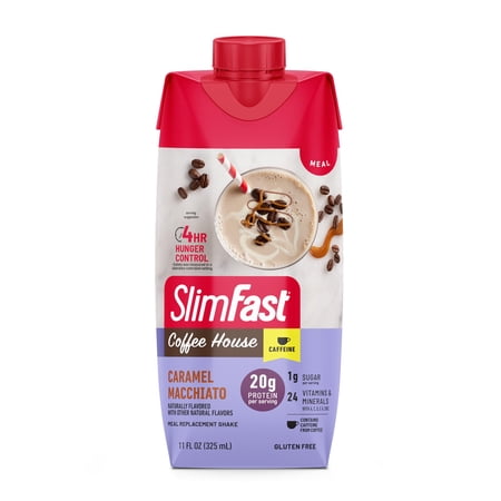 SLIMFAST PROTEIN SHAKE, CARAMEL MACCHIATO- 20G PROTEIN, MEAL REPLACEMENT SHAKES READY TO DRINK PLUS CAFFEINE, HIGH PROTEIN WITH LOW CARB AND LOW SUGAR, 24 VITAMINS AND MINERALS, 12 COUNT (PACK OF 1)