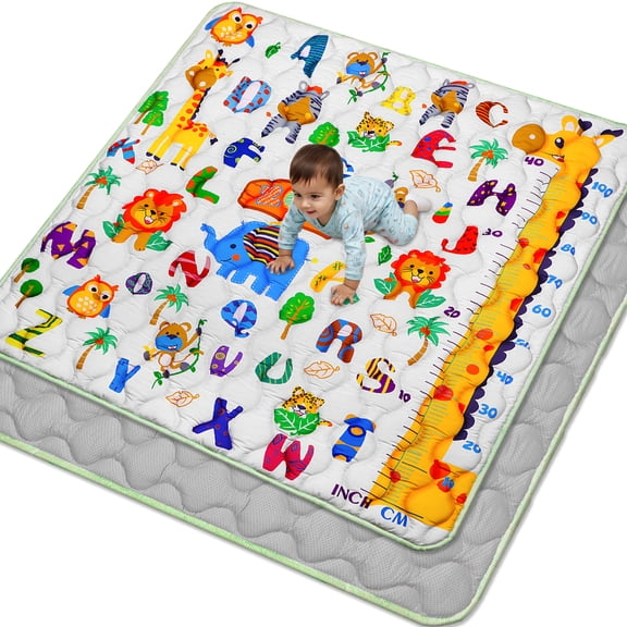 ABC Learning Baby Playmat 50"x50", Waterproof Safari Zoo Themed Play Pen Mat, Thick Cushioned Floor Mat for Nursery