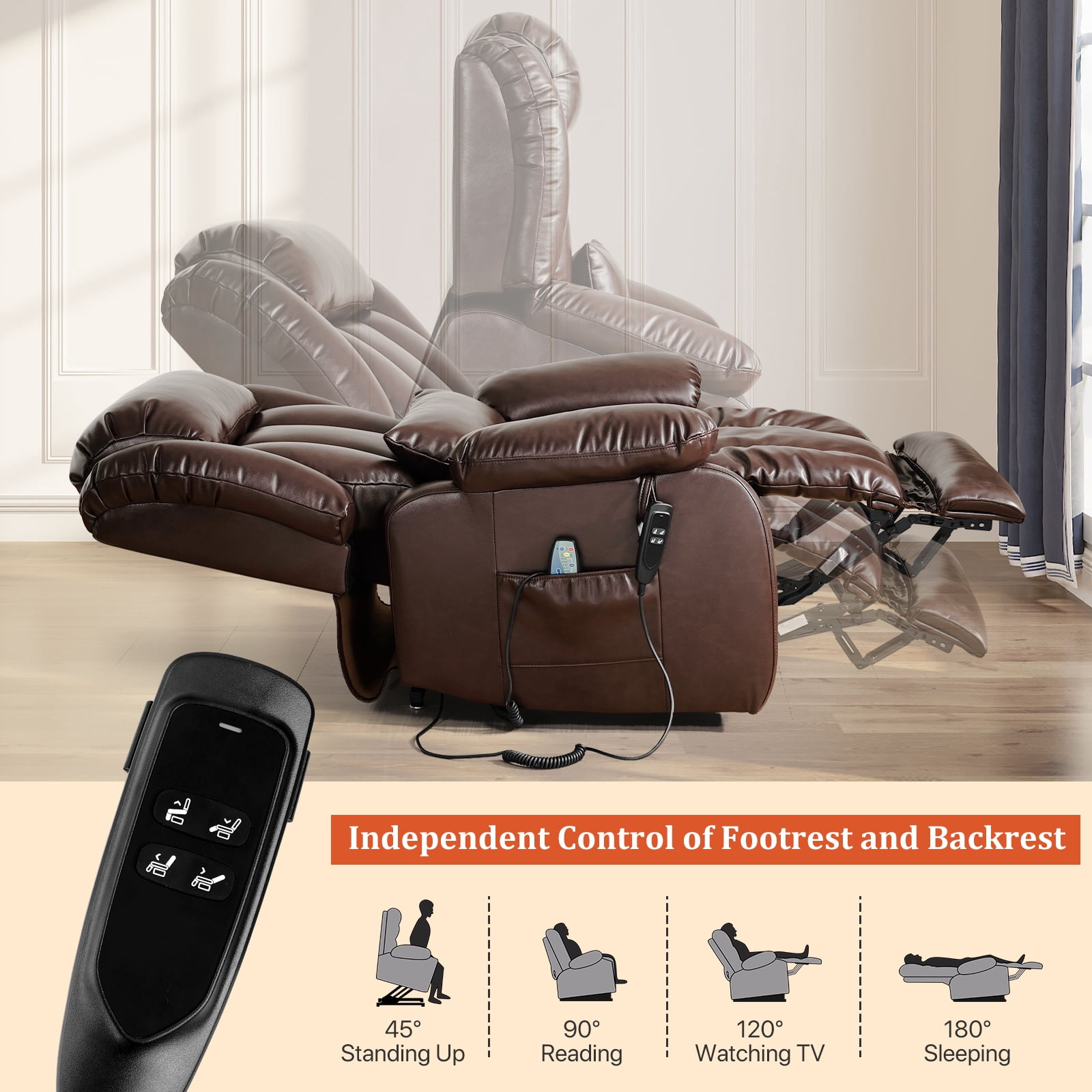 TEKAMON Infinite Position Lift Recliner Chair for Elderly with Heat Massage and Extended Footrest Lay Flat Sleeping Leather Dual Motor Power Lift Chair for Living Room (Brown)