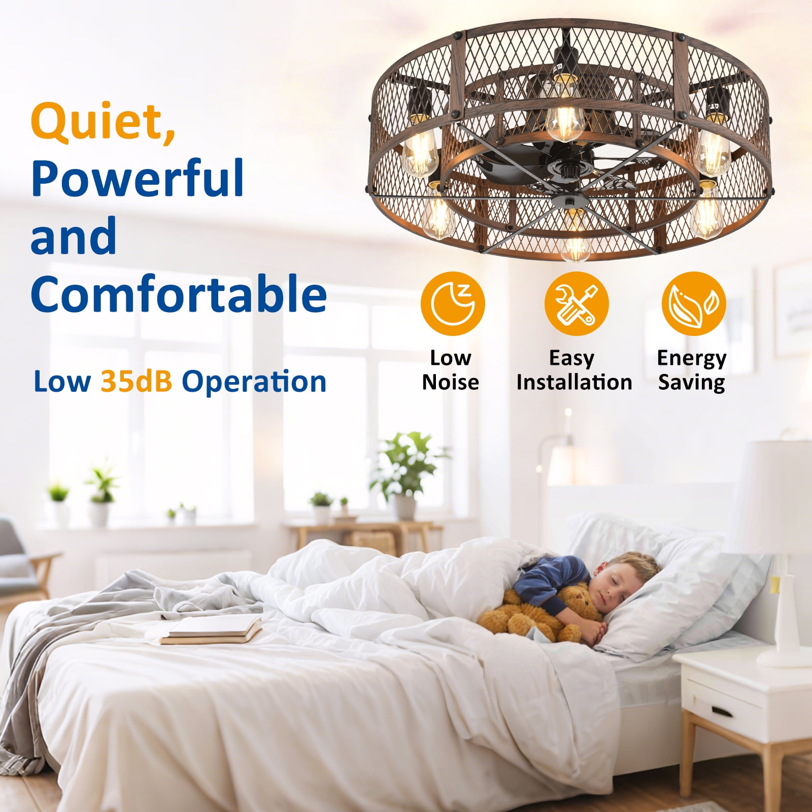 26-Inch Farmhouse Caged Ceiling Fan with Light, Reversible Ceiling Fan with Remote Control Quiet DC Motor 6 Speed Timer E26 Bulbs Not Included Brown