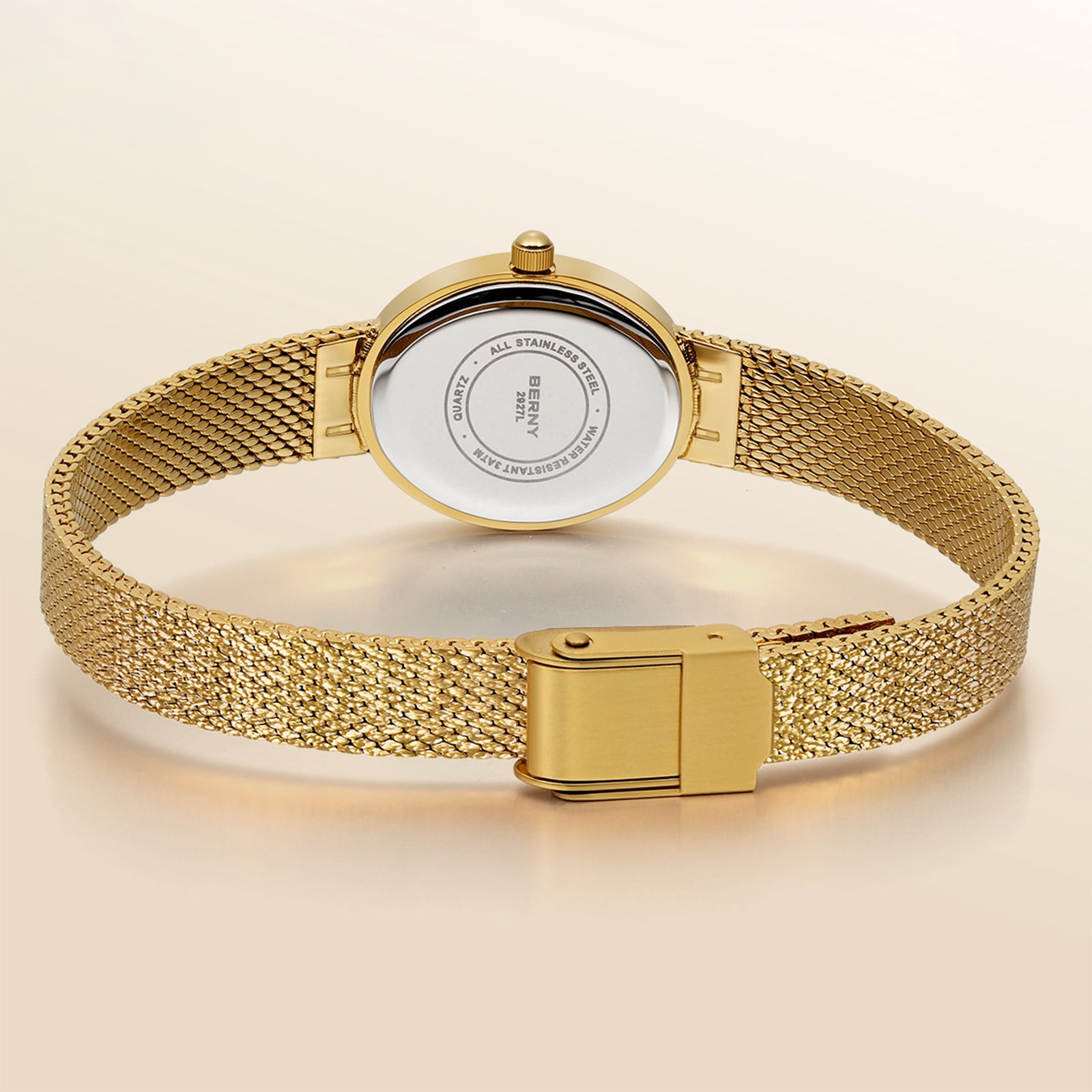 BERNY Small Gold Watches for Women, Dainty Minimalist Oval Dial, Vintage Stainless Steel Bracelet Watch, Adjustable Mesh Band, Waterproof, Luxury Ladies Analog Quartz Wrist Watch Gifts (Gold)