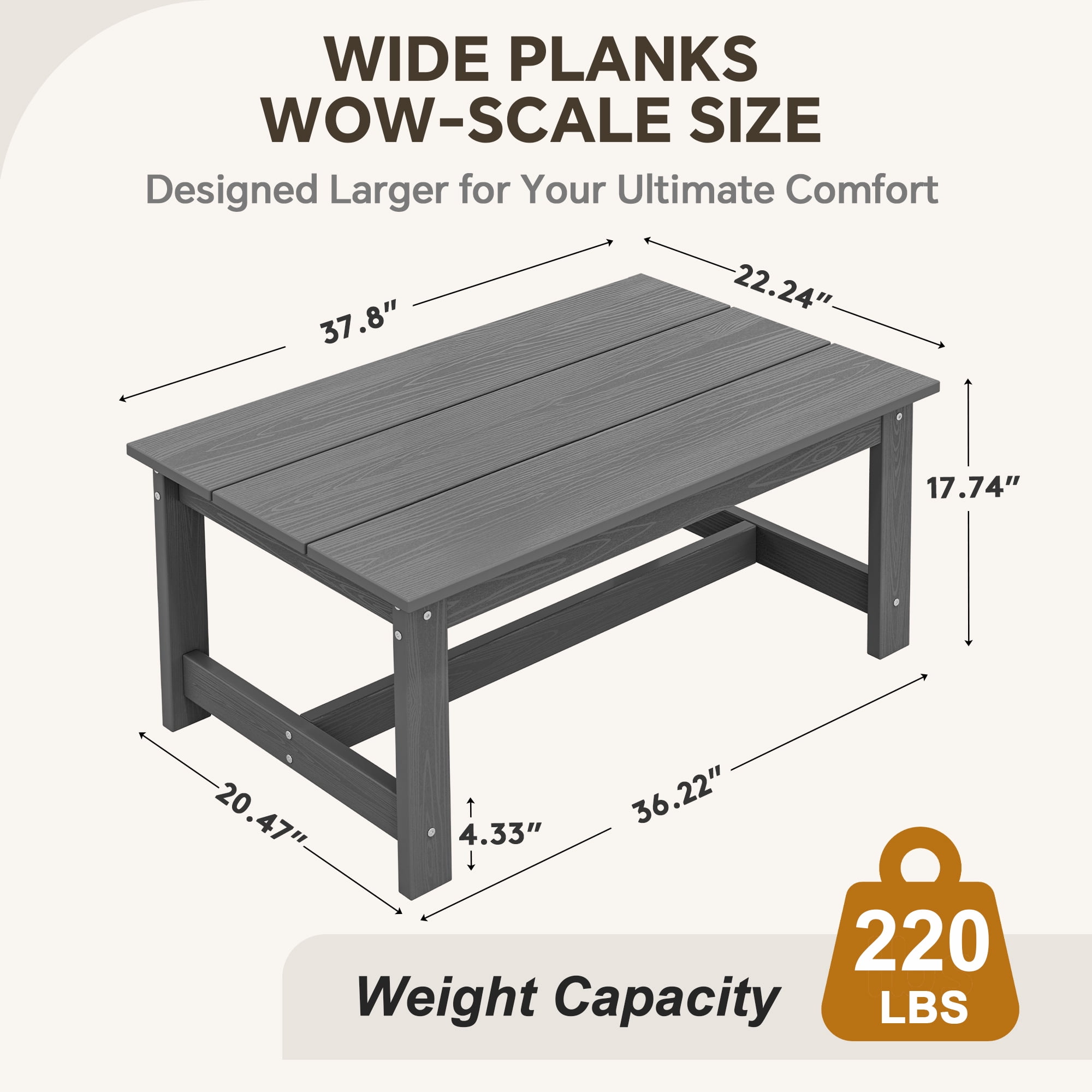 SERWALL Outdoor Patio Coffee Table, 37.8" x 22.8" HDPE Weatherproof, Grey