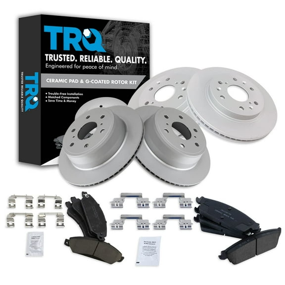 TRQ Brake Pad & Coated Rotor Kit Ceramic Front & Rear Fits Select 07 Chevy GMC Cadillac