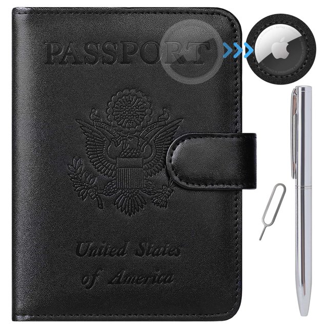 Funda de piel Airtag para pasaporte, con bloqueo RFID, artículos esenciales de viaje, accesorios de equipaje imprescindibles para viajar (118 #Black)
