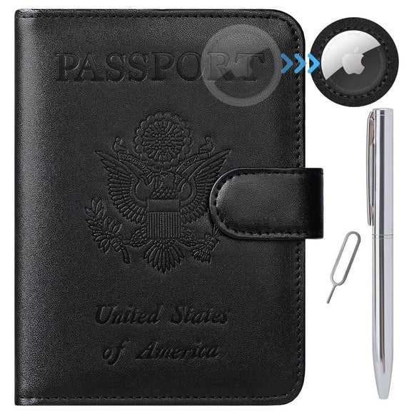 Funda de piel Airtag para pasaporte, con bloqueo RFID, artículos esenciales de viaje, accesorios de equipaje imprescindibles para viajar (118 #Black)