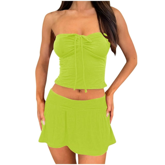 Blouses for Women, Womens Comfortable Casual Pleated Drawstring Strapless Upper Garment and Akirt Set