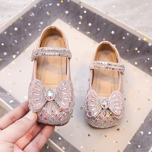 XIMIN Girls Rhinestone Bow Mary Jane Flats Princess Dress Shoes Non Slip Soft Sole Cute Casual Shoes Summer Party Wear for Kids (Pink, 5.5-6 Years)