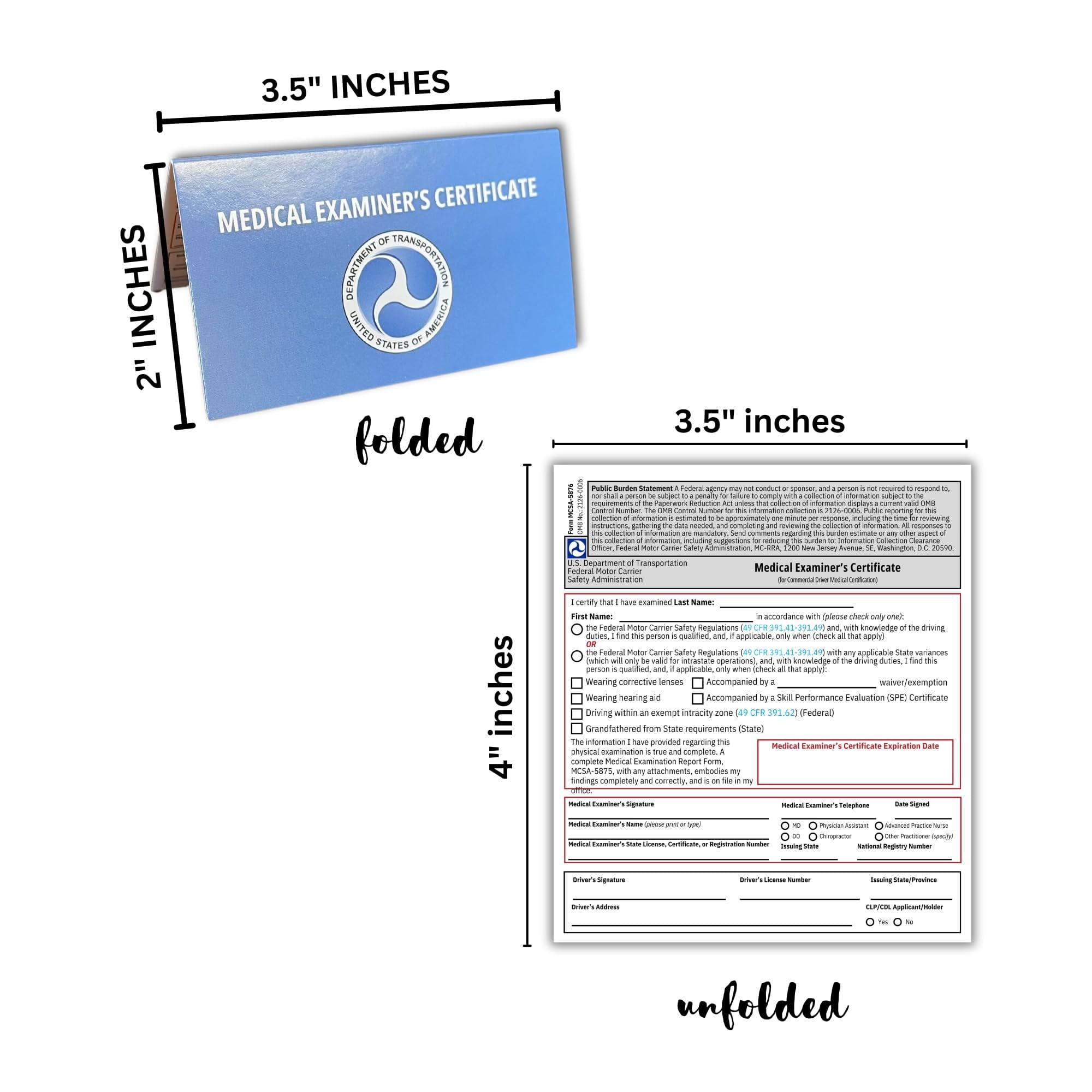 DOT Medical Examiner Certificate Folded Wallet Card 4x3.5 15 pk