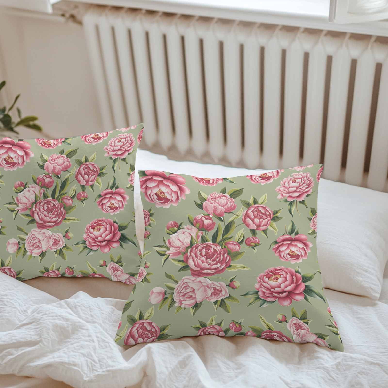 Outdoor Waterproof Throw Pillow Covers Set of 2 Pink Rose Floral Decorative Pillowcases Square Outdoor Pillows Cushion Case 18x18 Inch Sage Green Leaves Flowers Patio Pillows for Couch Sofa Bed