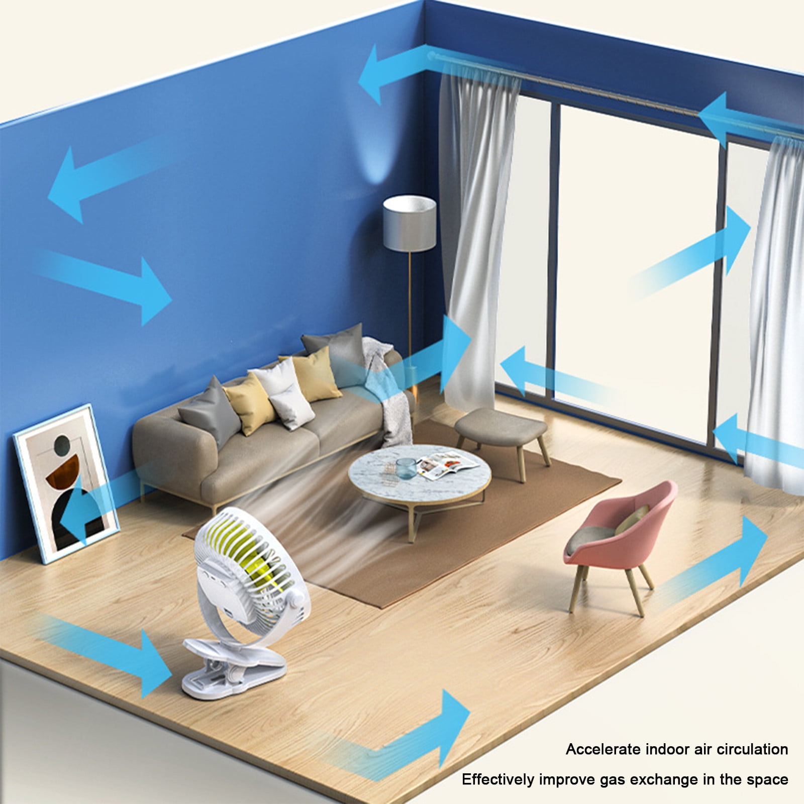 BZPIZ Portable Fan Clip Fan Battery Operated Desk Fan, USB Fan,Strong Airflow, Sturdy Clamp for Outdoors, Car Seat, Gym
