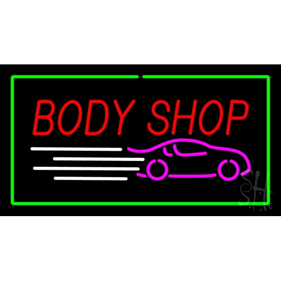 Red Body Shop Green Rectangle LED Neon Sign 13 x 24 - inches, Clear Edge Cut Acrylic Backing, with Dimmer - Bright and Premium built indoor LED Neon Sign for automotive store, and mall.