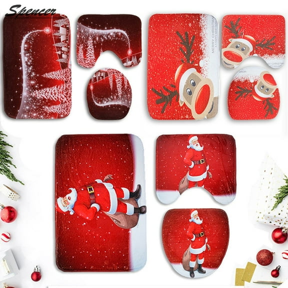 Spencer 3Pcs Christmas Bathroom Sets Santa,Snowman,Toilet Seat Cover Rug Set Pedestal Rug and Bath Mat Rug
