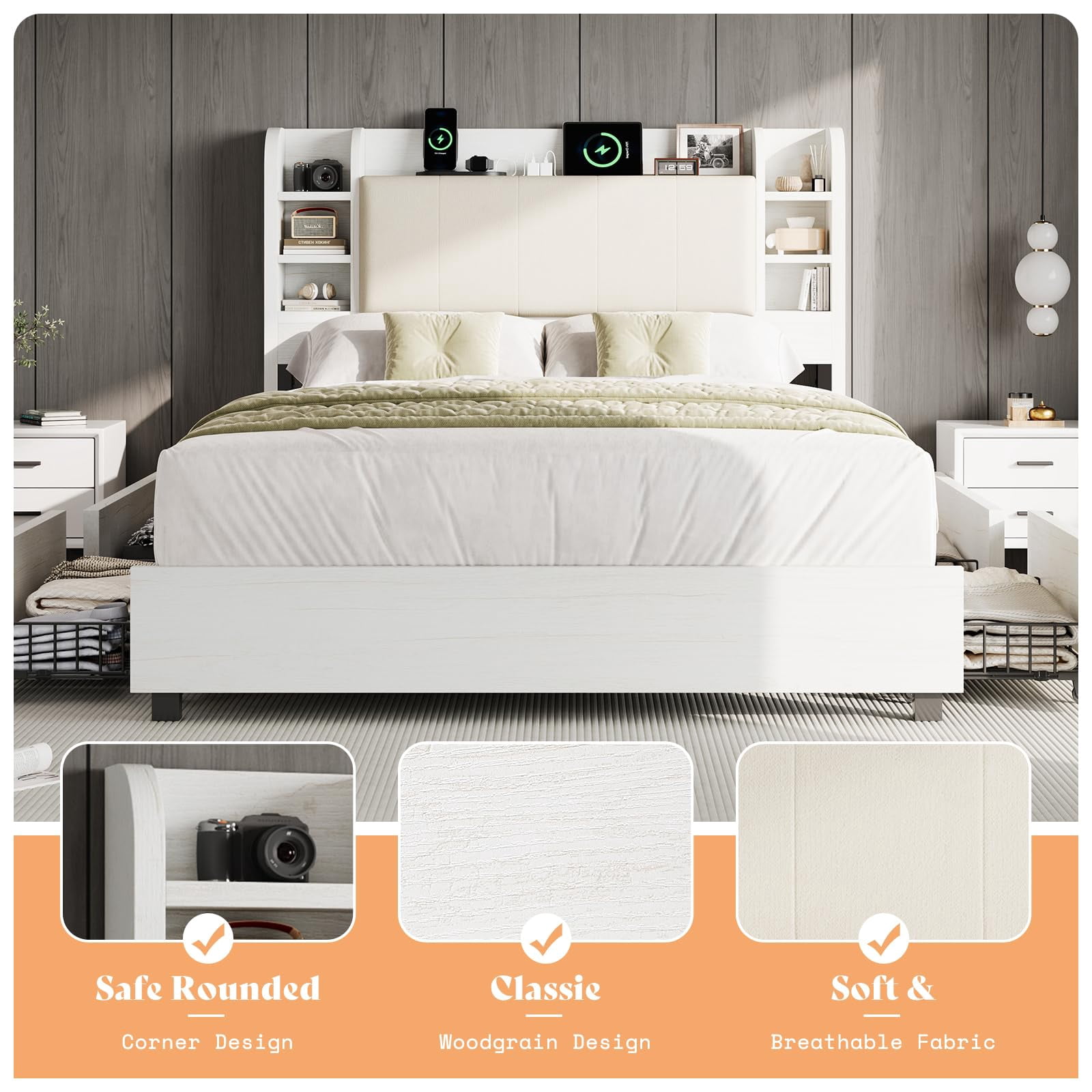 Amerlife Queen Size Bed Frame with Drawers,Upholstered Bookcase Headboard and Charging Station,White