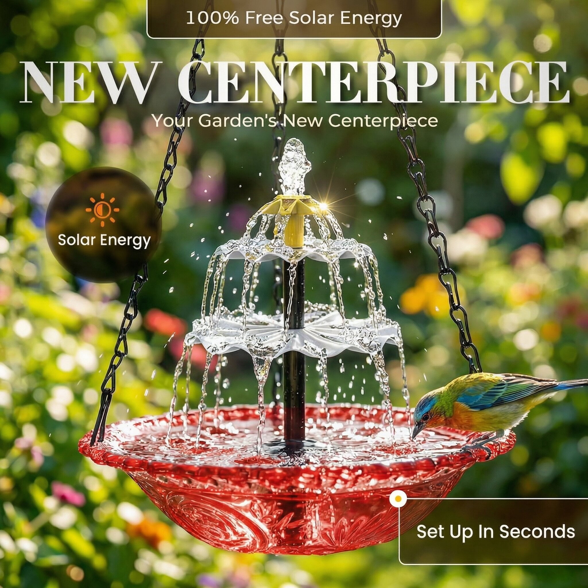 ValueAgain Solar Cascade Hanging Bird Bath Fountain, Outdoor Hanging Bird Bath with Solar Fountain, Large Humming Bird Baths are Suitable, with Solars Pump & Bowl,for Outdoor, Gardens, Red