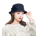 thumbnail image 4 of Vintage Felt Cloche Hat LSONABXA Imitation Wool Flowers Bucket Cloche Bowler Hat Flat Brim Inner Lining Winter Spring Autumn Wedding Tea Parties Daily Wear Black, 4 of 4