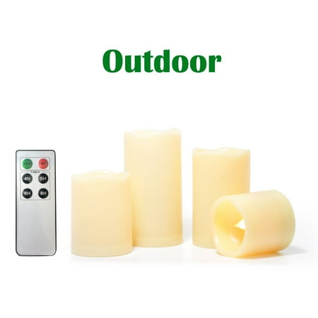 Led Outdoor Candles Candle Choice 4 Pack Indoor Outdoor Flameless Candles with Remote Timer Realistic Flickering Battery Operated LED Pillar Long Battery Life Melted Edge Party Wedding Birthday Home Holiday Décor Gifts ()